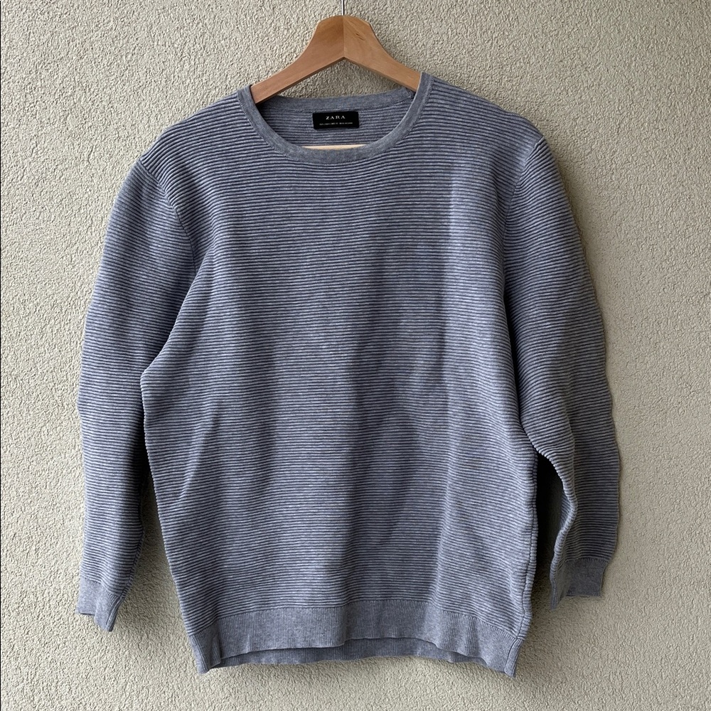 Silvery Grey Ribbed Cotton Blend Crewneck Sweater